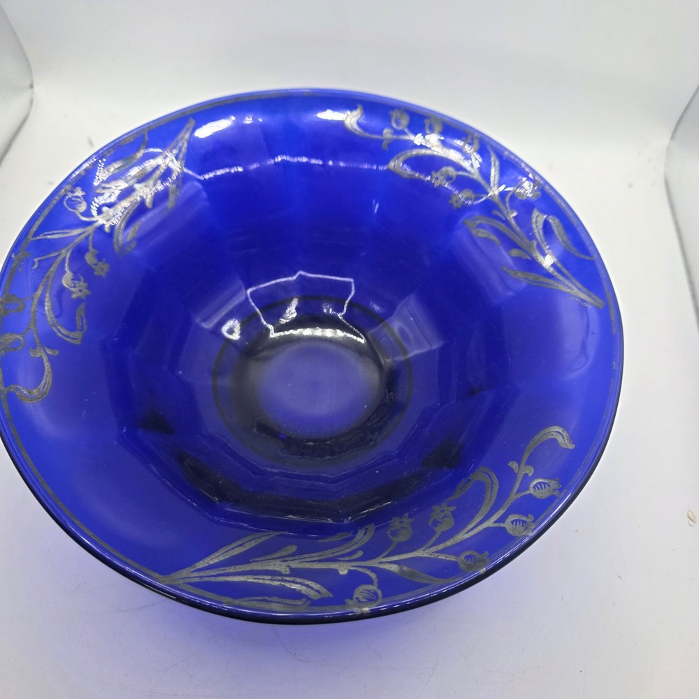 Vintage Cobalt Blue Glass Footed Bowl Silver Overlay Floral Art Nouveau Style